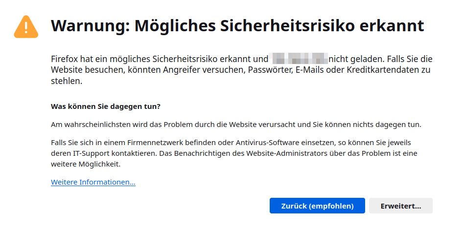 Warnung: Mögliches Sicherheitsrisiko erkannt - noch viel Text und unten zwei Buttons: Zurück und Erweitert.